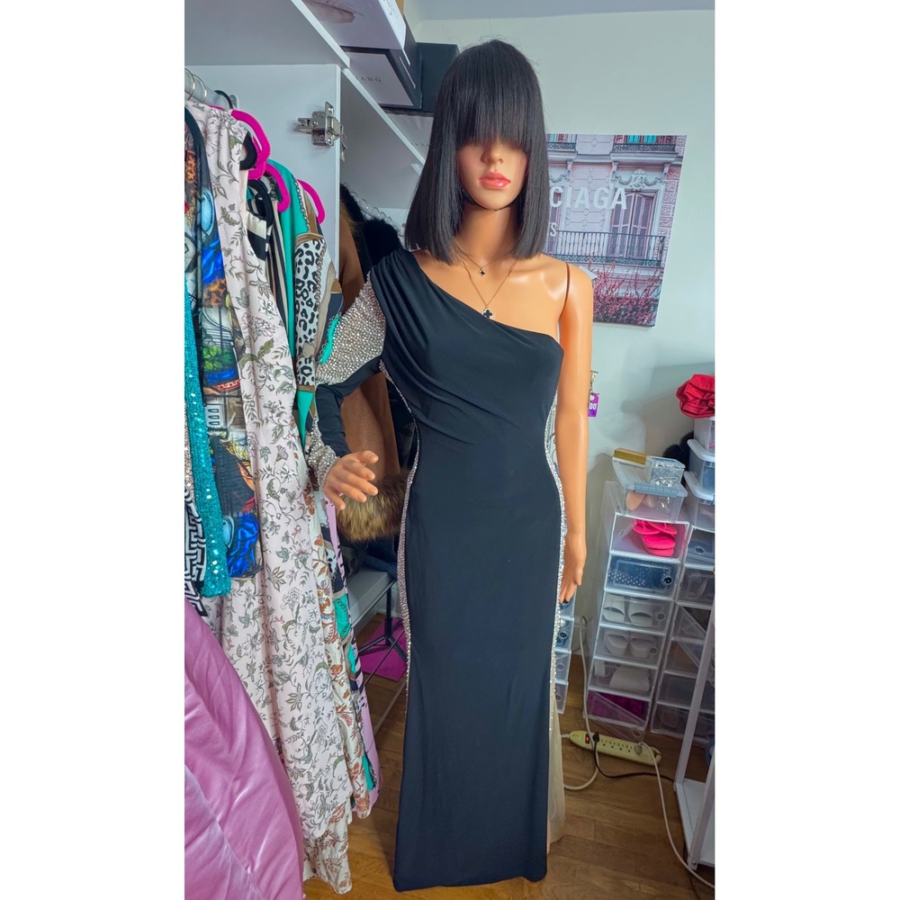 Black Rhinestone One Shoulder Gown Prom, Formal Evening Slim Fit Dress Glam